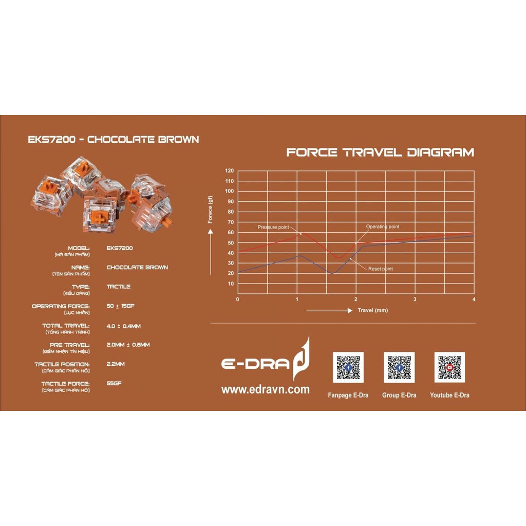 Switch thay nóng bàn phím cơ E-Dra EKS7200 Chocolate Brown I Công tắc bàn phím cơ Switch Edra