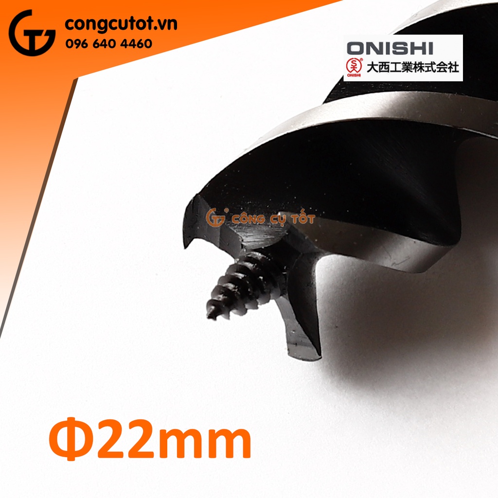 Mũi khoan gỗ xoắn ốc mũi vít 3 cạnh cắt Onishi chuôi lục 6 ly Ø22 x 120 x 70mm