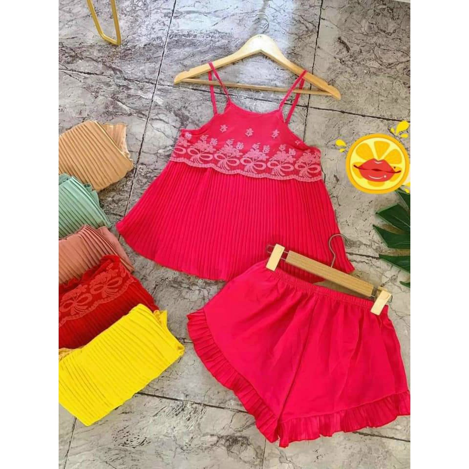 Bộ đùi ngủ nữ 2 dây 👍FREESHIP💕 bộ đùi 2 dây phối ren trước ngực ,quần có bèo