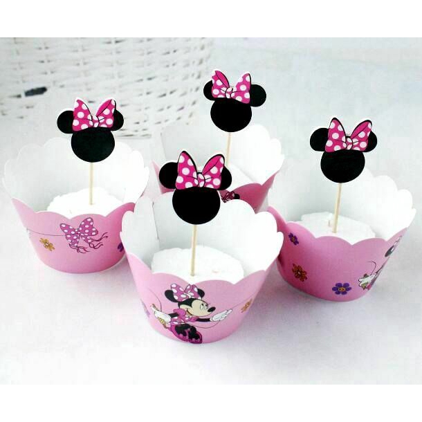 24pcs Cartoon Mickey Minnie Mouse Cupcake Wrappers Toppers pick Kids Cake cups