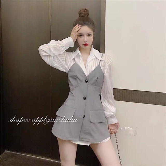 JANE'S Set áo sơ mi trắng kẻ sọc + áo hai dây Hongkong khí chất mẫu mới STYLE GIẤU QUẦN N2 ẢNH THẬT CUỐI