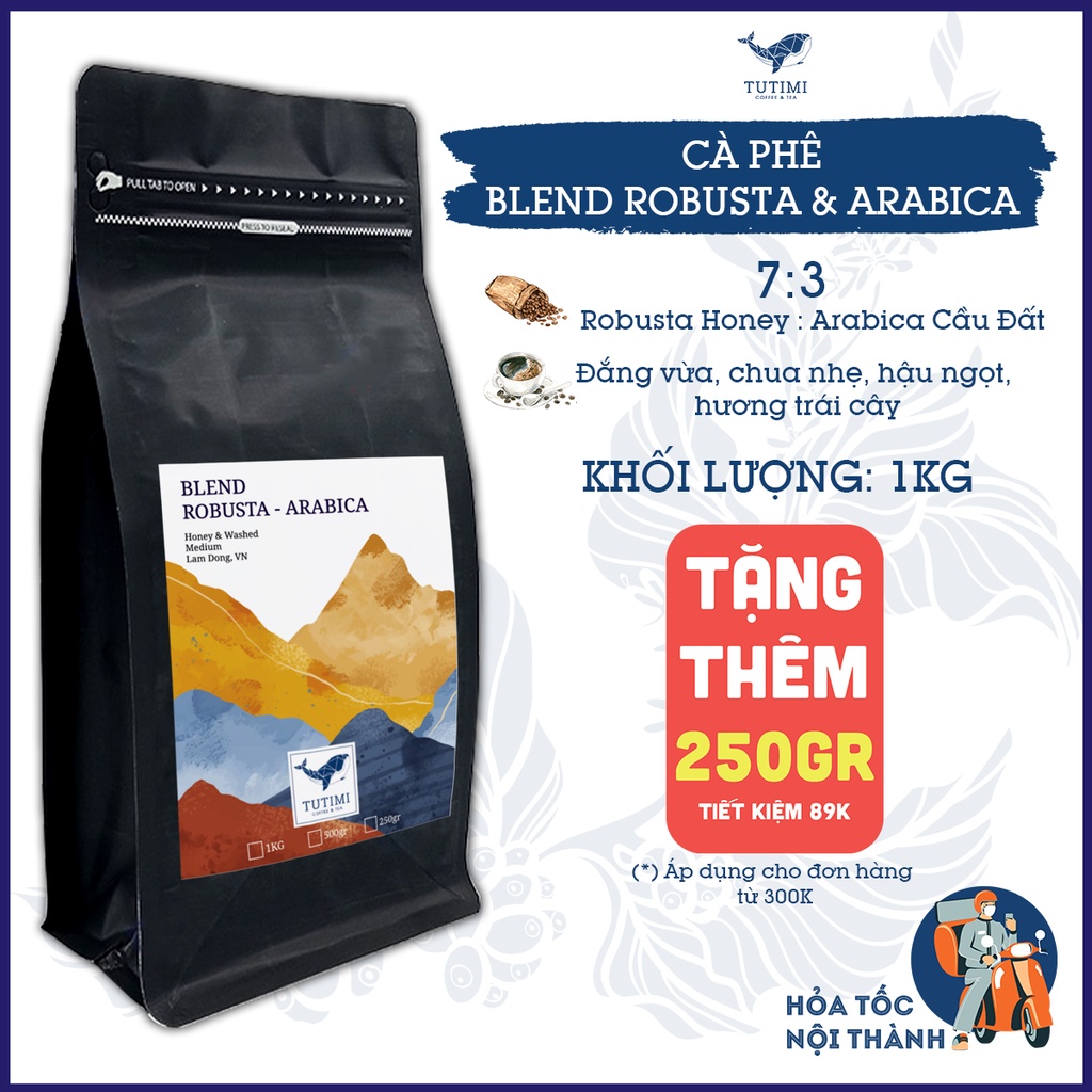 Cà phê nguyên chất Blend Robusta - Arabica (1KG), rang mộc đậm đà thơm nồng dùng pha phin hoặc pha máy ngon từ TuTiMi