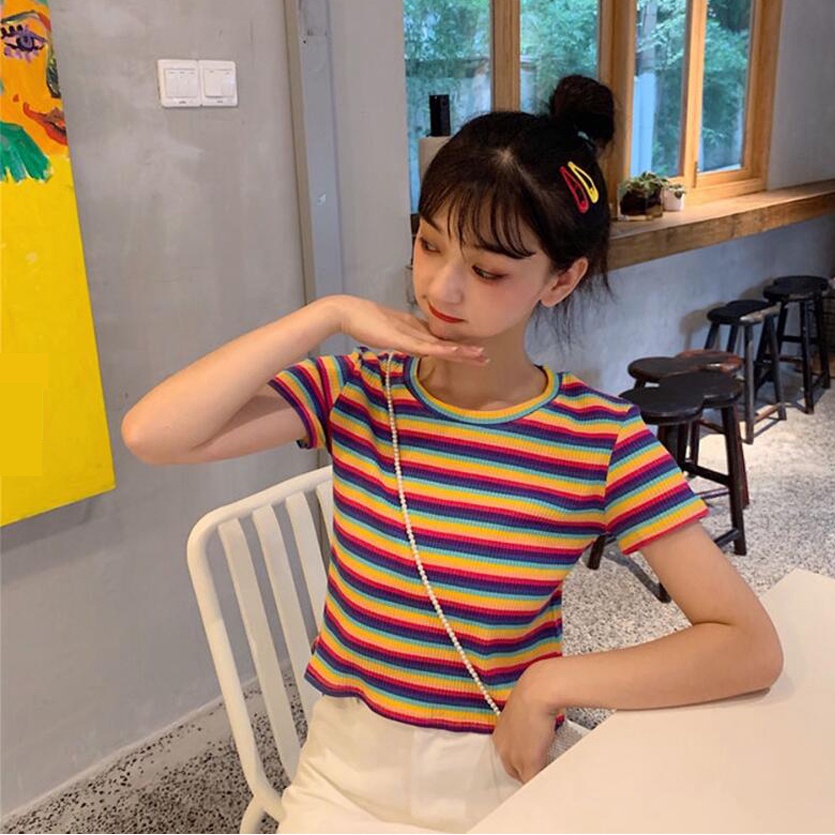 Áo thun nữ TODOBLACK ngắn tay họa tiết sọc cầu vồng phong cách harajuku Hàn Quốc