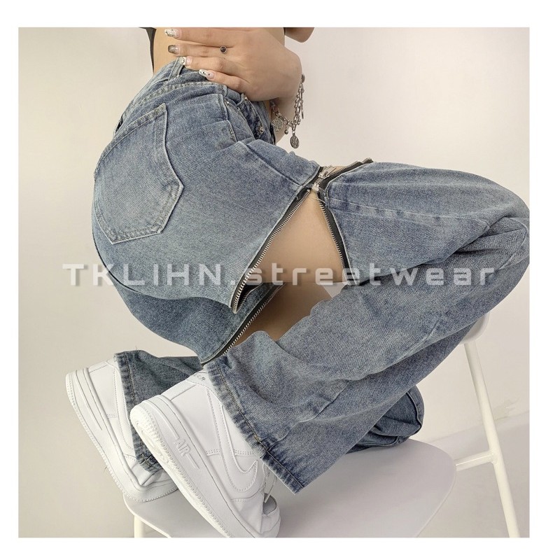 ULZZANG (SẴN) Quần jeans ROSE BLACKPINK ulzzang ống rộng kéo khoá phong cách FASHIONITA cá tính 2021