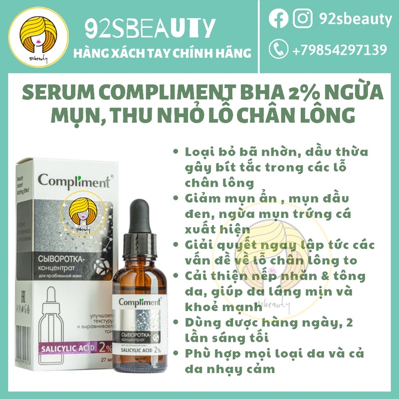 Serum Compliment 2% BHA làm sạch sâu, giảm mụn, se lỗ chân lông, kiềm dầu