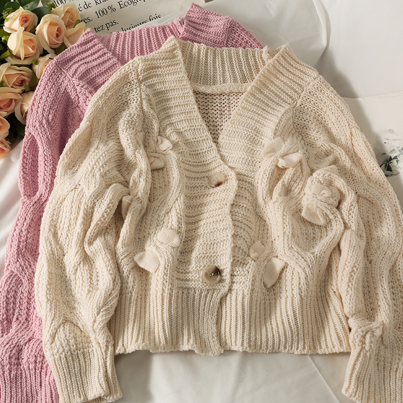 Áo khoác cardigan cổ thấp tay dài dáng rộng đính nơ ba chiều thời trang mùa thu mới dành cho bạn nữ 2021