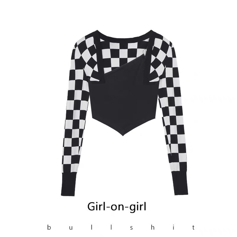 (ORDER TAOBAO) Set áo lệch vai phối áo khoác croptop caro cá tính