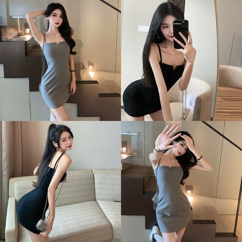 Đầm Hai Dây Cổ Chữ V Màu Sắc Trơn Phong Cách Hàn Quốc Quyến Rũ Dành Cho Nữ