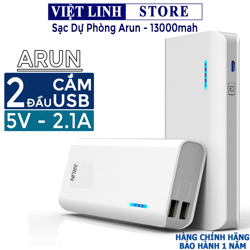 Pin Sạc Dự Phòng Arun 13000mah, 2 đầu USB sạc nhanh, có đèn Led kèm đèn pin - BH 1 Năm | Arun Y625 13000mah