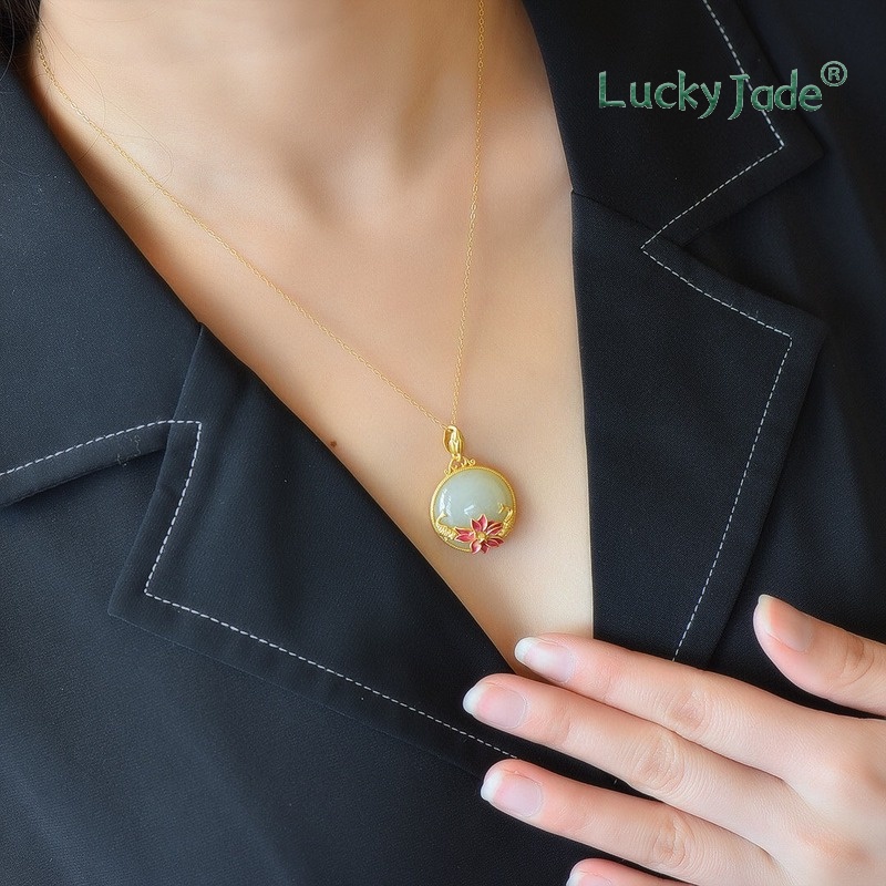 Vòng cổ Bạc Mặt Hình Hoa Sen Đính Ngọc Bích Trắng Phong Cách Trung Quốc