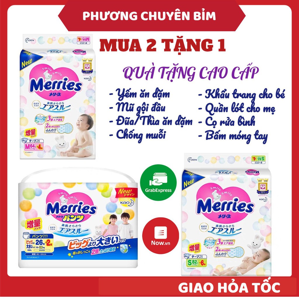 Bỉm Merries FREESHIP Merries Nội Địa Nhật Chính Hãng Cộng Miếng Dán/Quần đủ size NB96/S88/M68/M64/L58/L50/XL44/XXL28