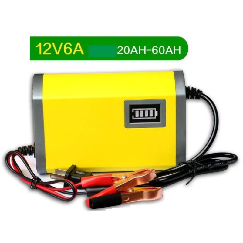 Sạc bình ắc quy 12V/6A (4Ah-80Ah) sạc cho ô tô, xe máy cho cả bình khô và nước có quạt tản nhiệ