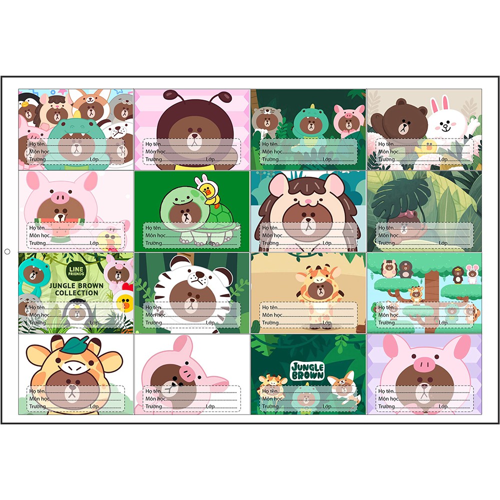 nhãn vở gấu brown jungle NV6 hoạt hình set 16 chiếc có keo dán sẵn