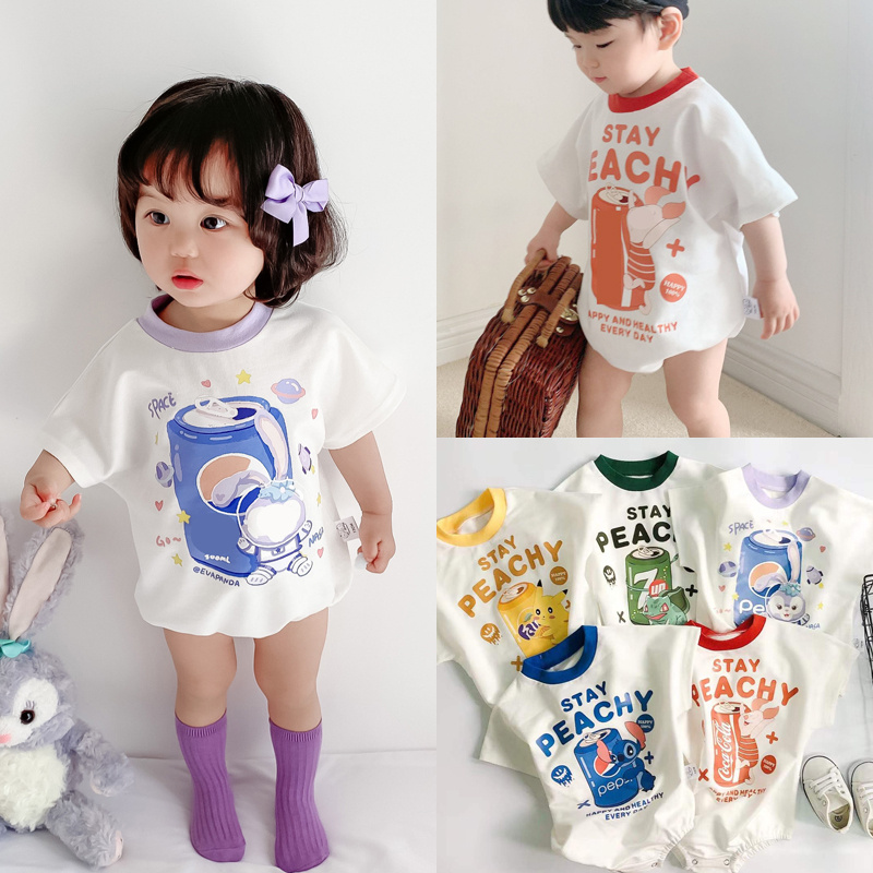 Áo liền quần cotton tay ngắn in họa tiết hoạt hình đáng yêu thời trang mùa hè dành cho trẻ sơ sinh