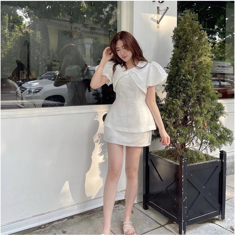 Áo peplum tay bồng cổ nhún, Áo kiểu nữ, áo bánh bèo