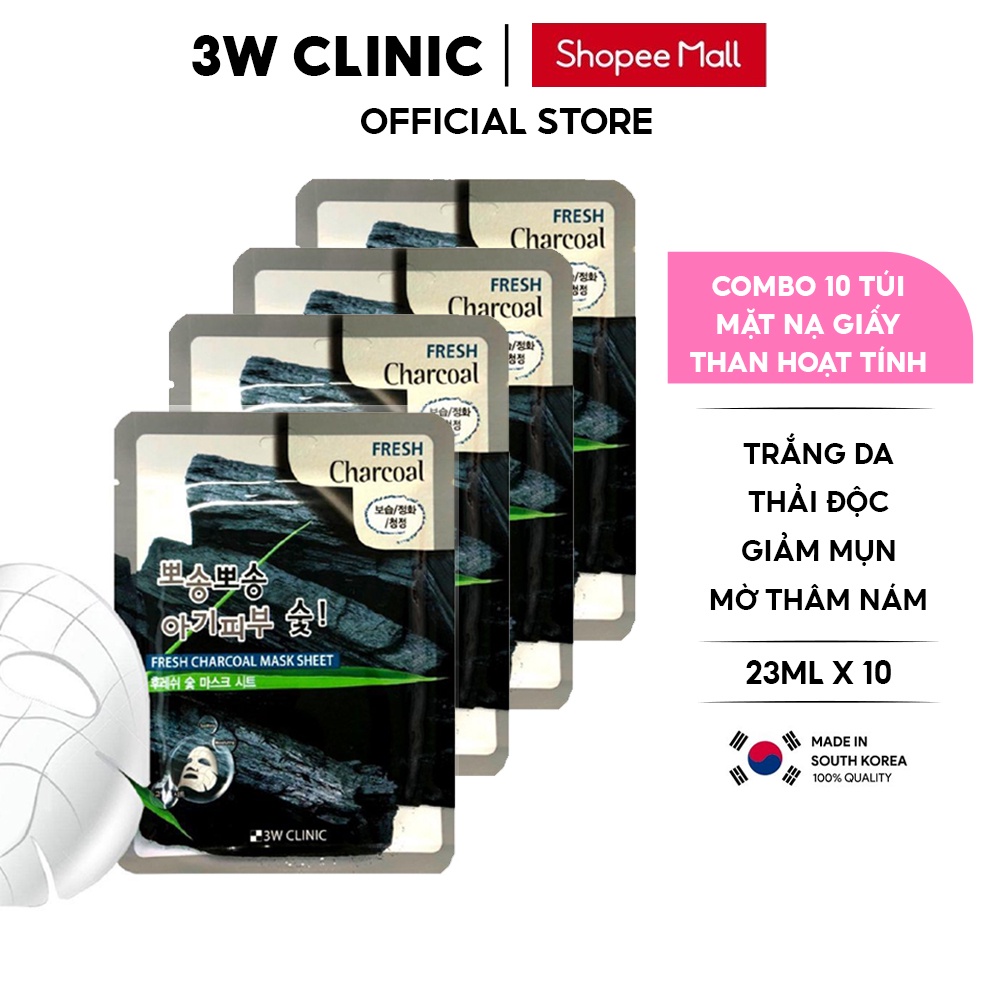 Combo 10 Túi Mặt Nạ Giấy Trắng Da 3W CLINIC Hàn Quốc Thải Độc Chiết Xuất Từ Than Hoạt Tính Giúp Da Trắng Sáng 25MLx10