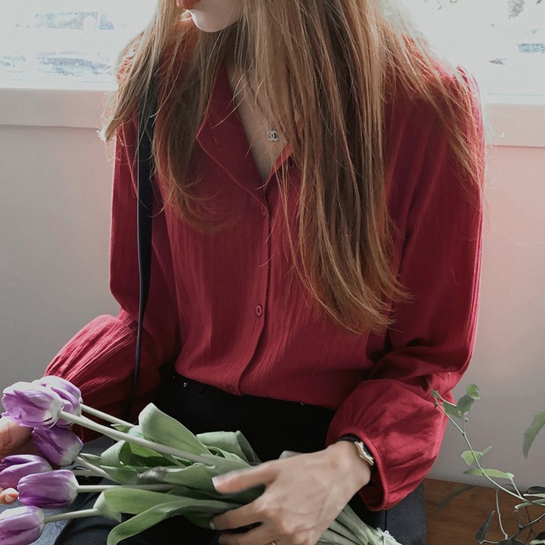 Áo tay dài cổ V màu trơn đơn giản thanh lịch cho nữ 35480