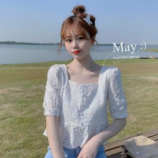 [Sẵn] Áo babydoll kiểu cổ vuông hoa trắng (ảnh thật)