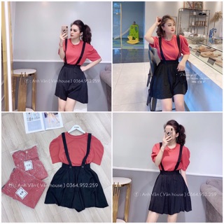 Set chân váy yếm kèm áo phông hồng cam