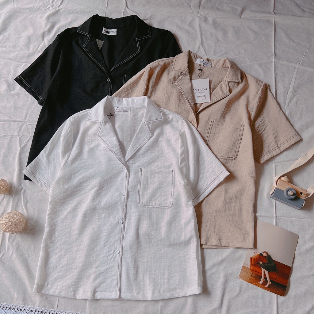 Áo sơ mi cổ vest viền chỉ nổi chất đũi Áo sơ mi viền chỉ tay ngắn cổ bẻ Lovi