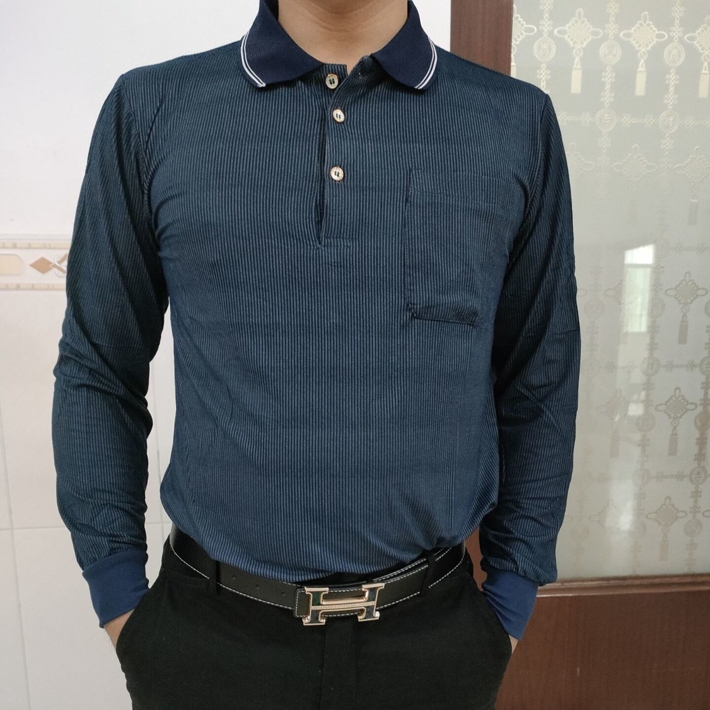 Áo polo Tay Dài Dáng Rộng Phối Túi Thời Trang Mùa Thu Cho Nam Trung Niên