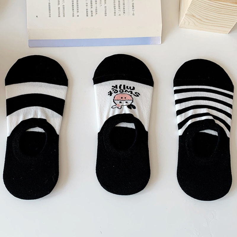 Xiangbao Vớ Thuyền Cổ Thấp Họa Tiết Bò Sữa Hoạt Hình Harajuku Mùa Hè Màu Đen Cho Nữ