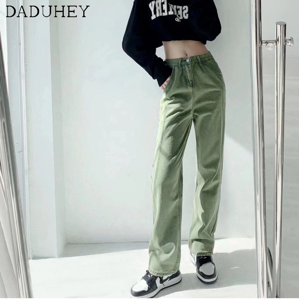 Quần jeans daduhey ống rộng màu xanh lá phong cách Hàn Quốc thời trang mùa hè 2022