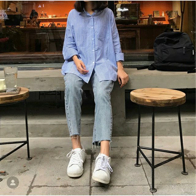 Áo Sơ Mi Sọc Kẻ Xanh Unisex