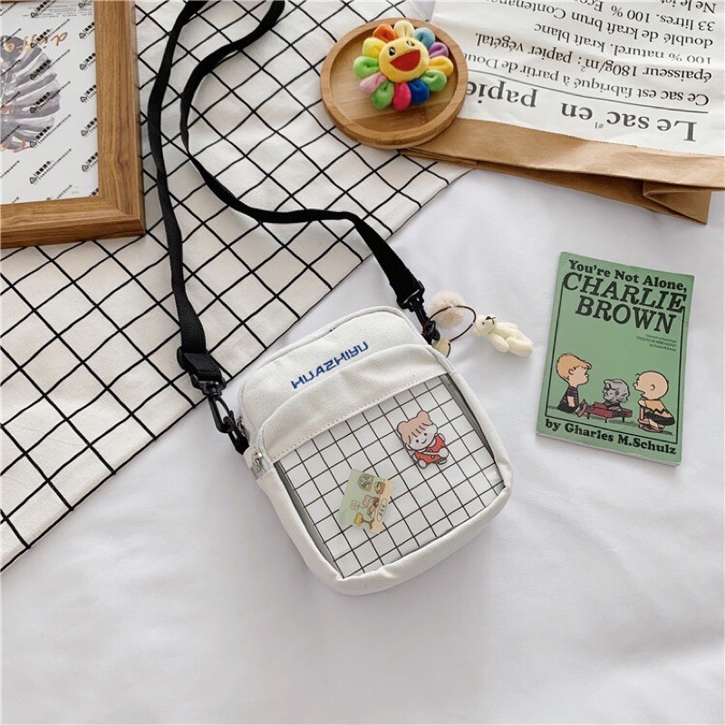 Túi đeo chéo Hàn Quốc siêu xinh k kèm móc khoá( tăng kèm 3 huy hiệu + hàng sẵn)