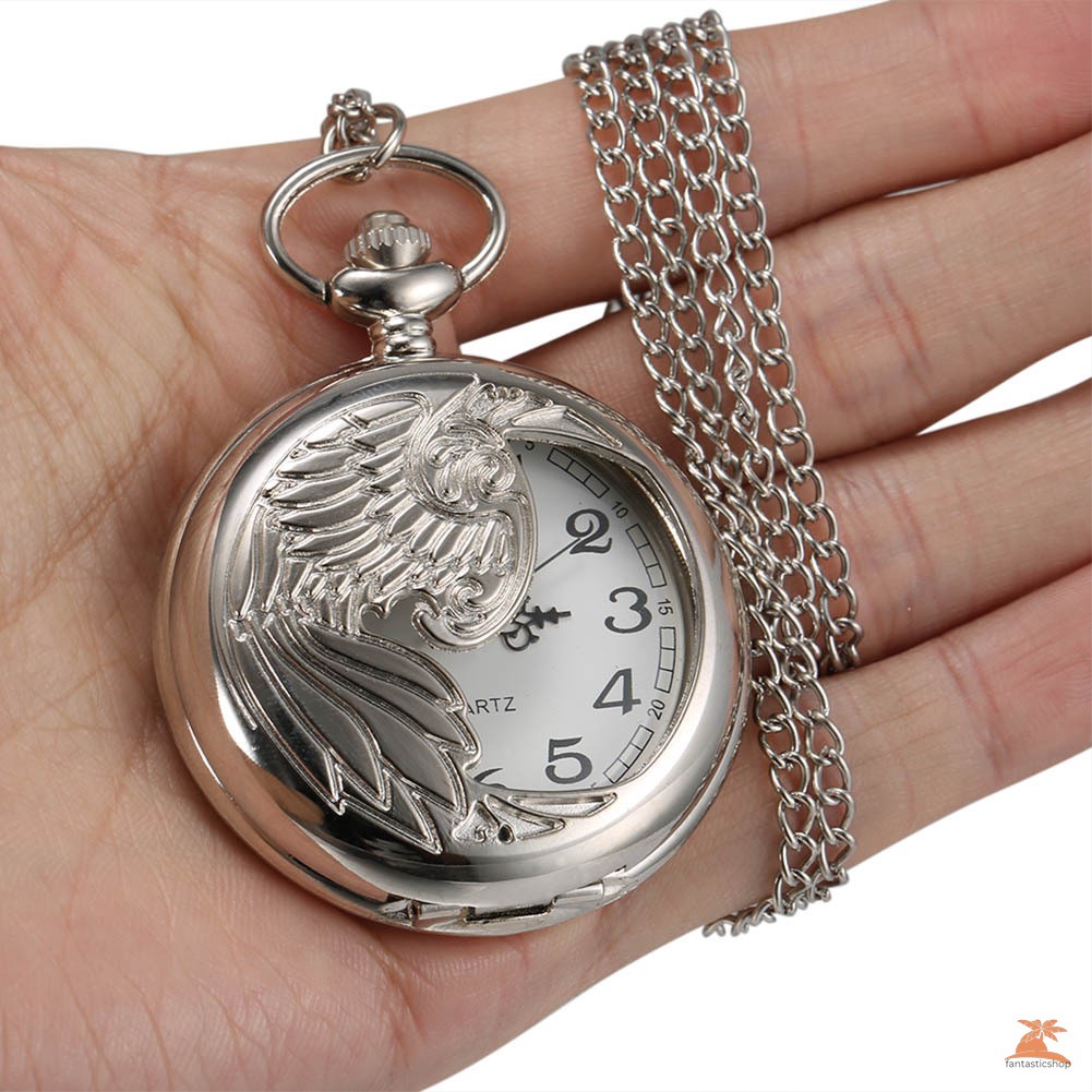 #Đồng hồ bỏ túi# 1 Pcs Men Women Quartz Pocket Watch Hollow Phoenix Carved Case with Chain