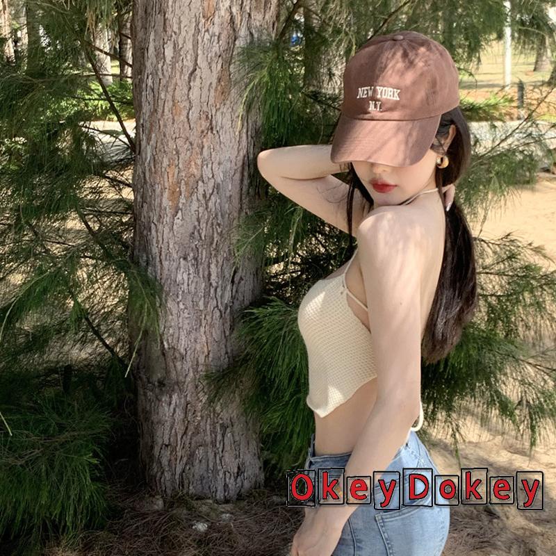 OKDK-Women Sexy Knitted Tank Tops Back Tie-Up Halter Vest Fashion Wild Backless Crop Tops