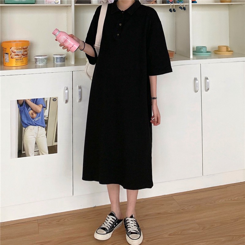 Đầm cổ polo dáng rộng dài phong cách mùa hè Hàn Quốc có 2 màu tùy chọn | BigBuy360 - bigbuy360.vn