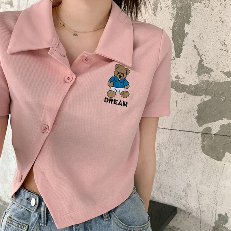 Áo croptop nữ polo đính cúc cách điệu vạt chéo cực xinh