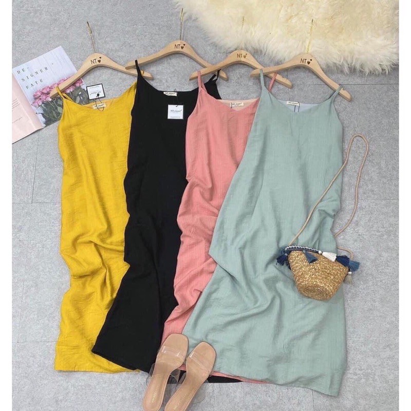 Bán sỉ váy đũi 2 dây 4 mầu chất đũi đẹp from suông