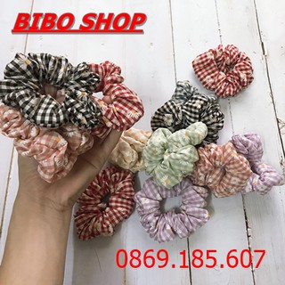Cột tóc nữ scunchies vải caro hoa cúc xinh xắn dễ thương, dây buộc tóc scunchies vải caro hoa cúc xinh xắn