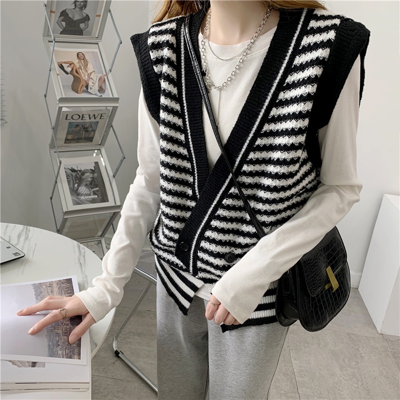 Áo sweater dệt kim SUXI không tay dáng rộng kẻ sọc phong cách retro Hàn Quốc dành cho nữ