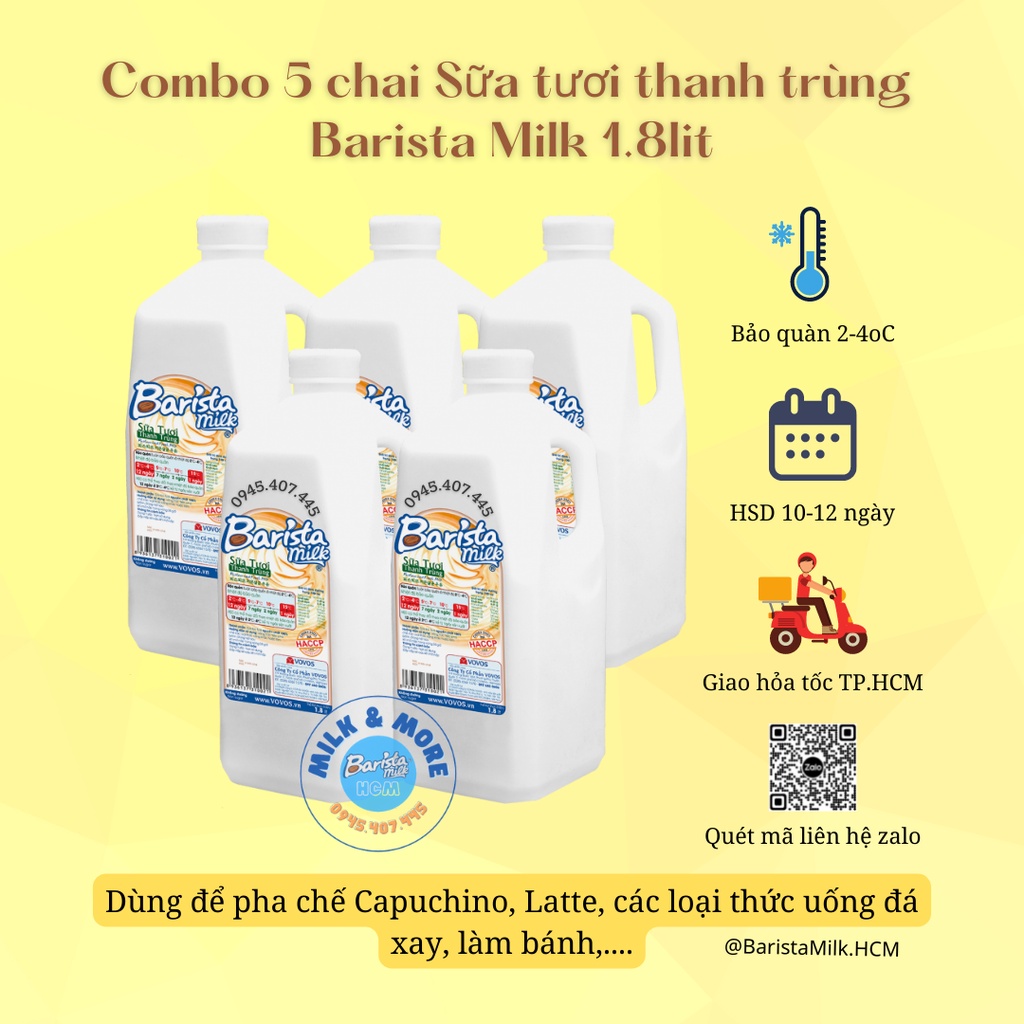 Combo 5 chai sữa thanh trùng nguyên chất không đừơng Barista