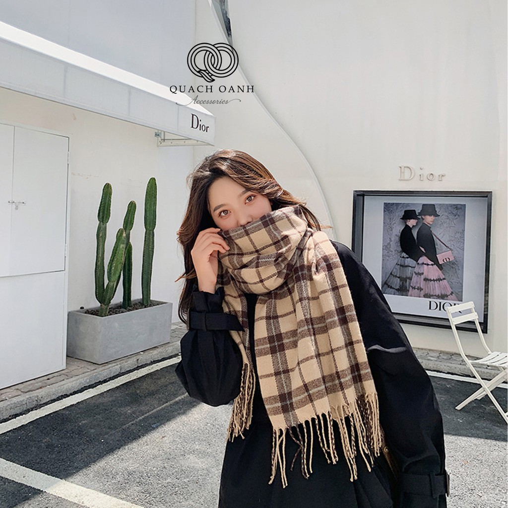 Khăn choàng cashmere kẻ sọc tua rua phong cách Hàn Quốc - KH09