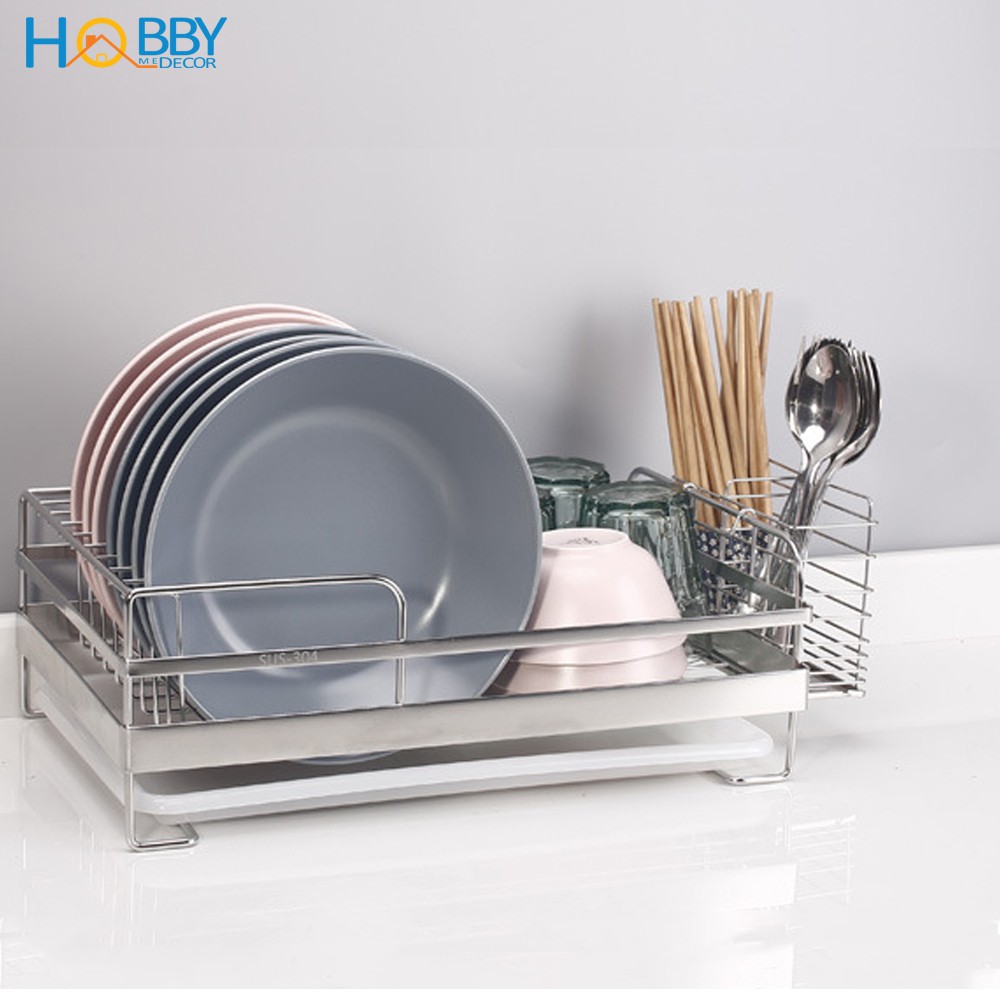 Kệ chén Inox 304 HOBBY Home Decor KC kèm khay hứng nước - hàng cao cấp cho chung cư - không rỉ sét