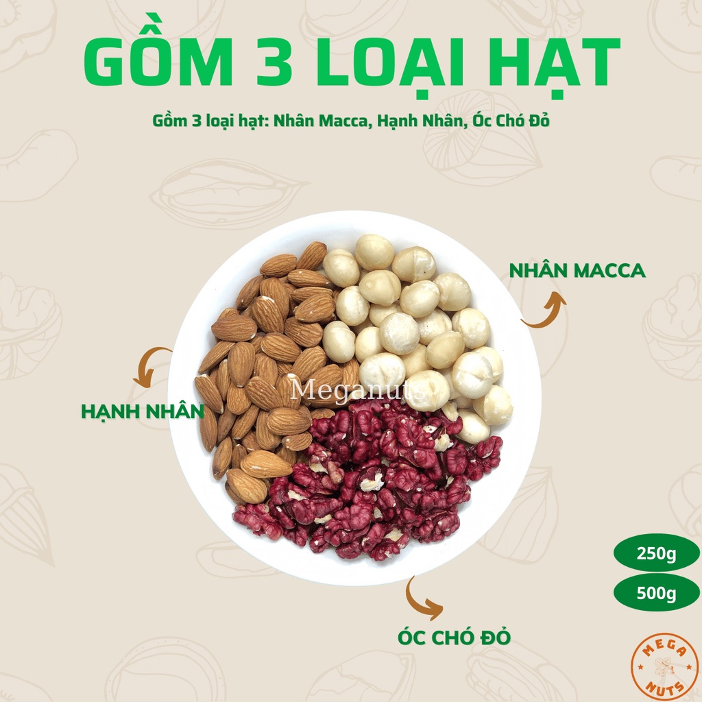 Hạt Mix 3 Loại Cao Cấp Meganuts - Ngũ cốc dinh dưỡng Mix hạt Nhân Macca, Óc chó đỏ, Hạnh Nhân ăn kiêng, mẹ bầu 500g