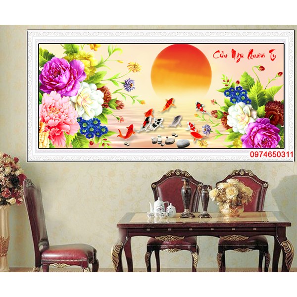 Tranh đính đá cá cửu ngư quần hội KT:180x82cm,tranh chưa đính và chưa khung.