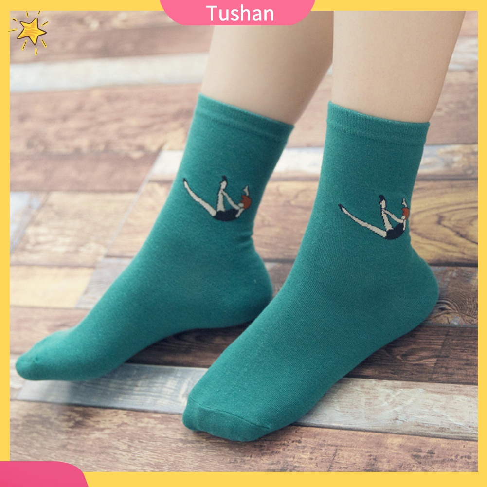 TUSH Autumn Winter Funny Cartoon Solid Color Elastic Cotton Middle Tube Crew Socks