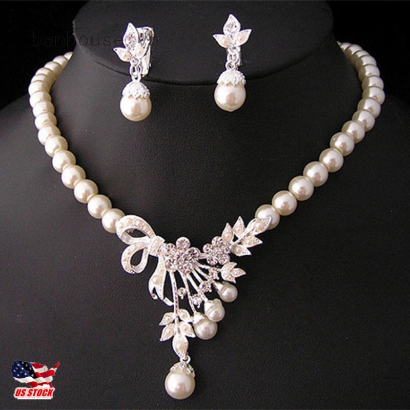 Set dây chuyền + bông tai đính đá / ngọc trai giả sang trọng