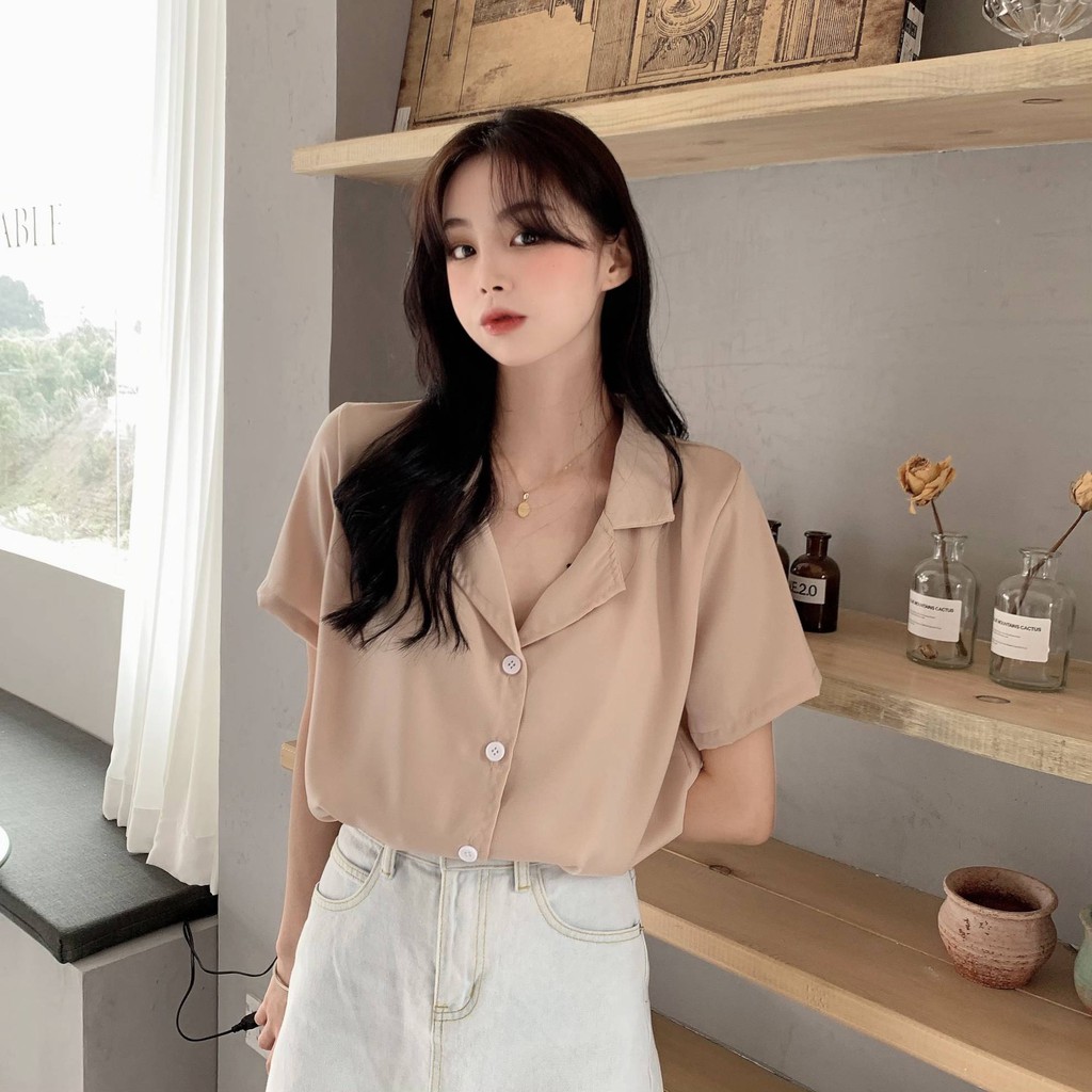 Áo Sơ Mi Tay Ngắn Màu Trơn Phong Cách Hàn Quốc Cho Nữ