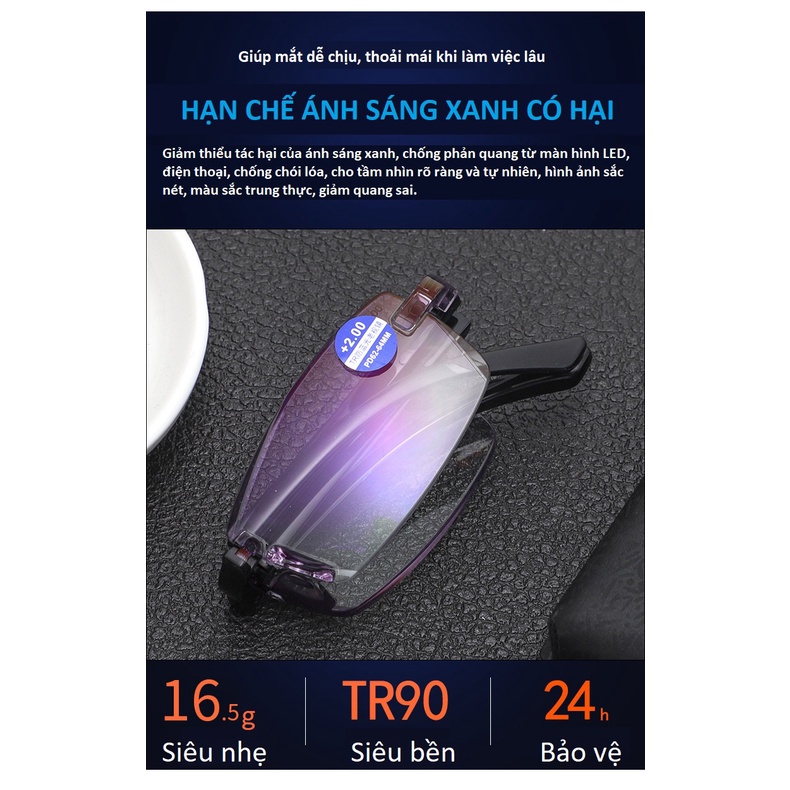 Kính lão đọc sách không viền gập gọn tiện lợi , giảm mỏi mắt, chống chói,chống ánh sáng xanh có hại từ điện thoại,laptop