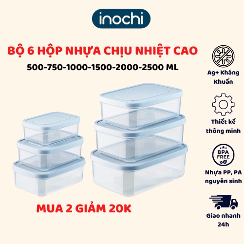 Bộ 06 hộp nhựa đựng thực phẩm chữ nhật Inochi, đựng đồ ăn, an toàn với lò vi sóng, rất dễ vệ sinh - Giao màu ngẫu nhiên