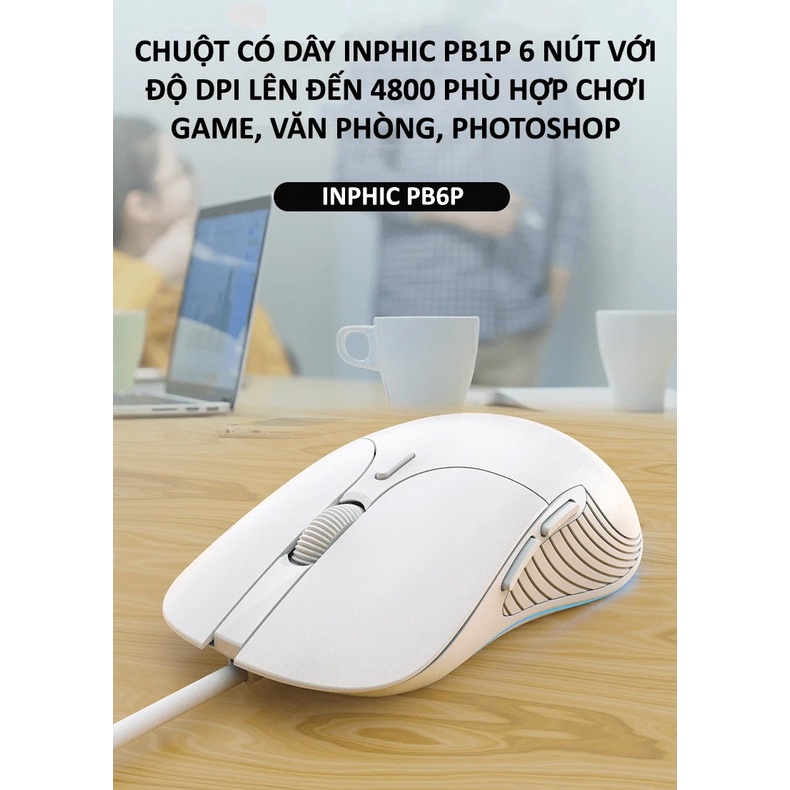 Chuột có dây INPHIC PB1P 6 nút với độ DPI lên đến 4800 phù hợp cho game thủ, văn phòng, photoshop - VL