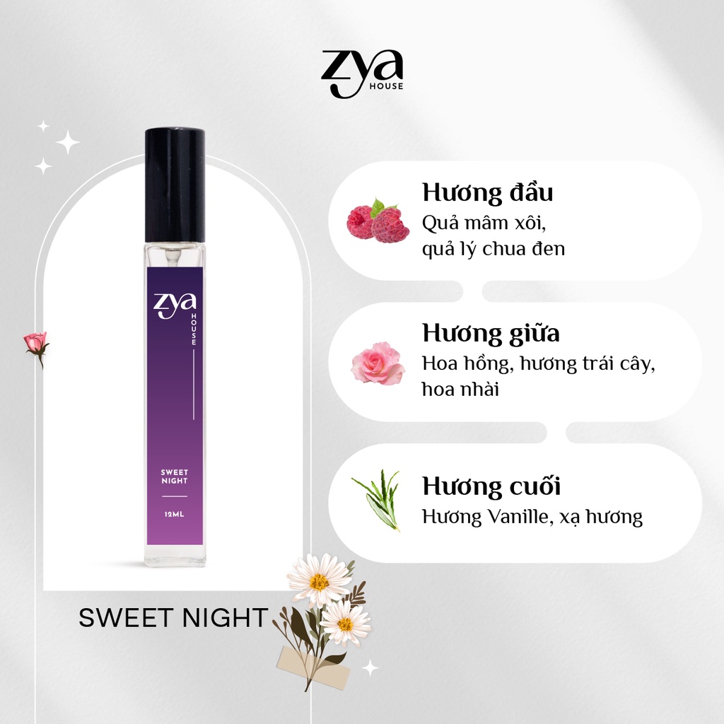 Nước Hoa Nữ Zya Sweet Night Hương Thơm Nồng Nàn, Quyến Rũ, Sang Trọng, Dung Tích 10ml, Thơm Lâu Từ 6 Đến 8 Tiếng