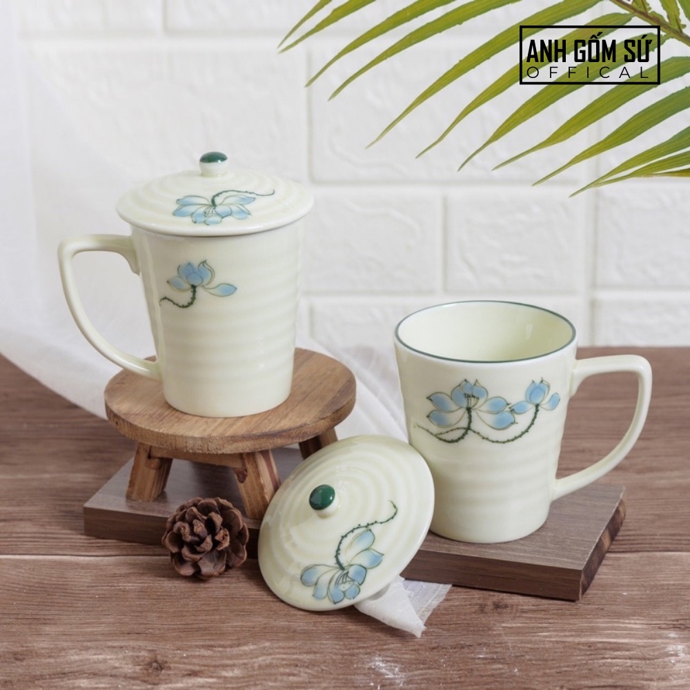 Cốc sứ có nắp men kem Bát Tràng cao cấp, cốc uống nước có quai 350ml nhiều mẫu lựa chọn