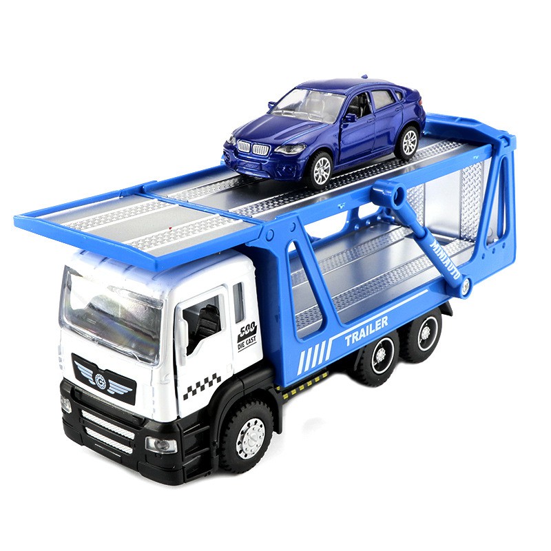 Đồ chơi xe vận chuyển ô tô gồm 2 xe bằng hợp kim có nhạc và đèn - màu xanh